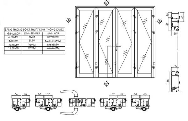 Bản vẽ cấu tạo cửa đi lùa 4 cánh sử dụng nhôm xingfa hệ 93