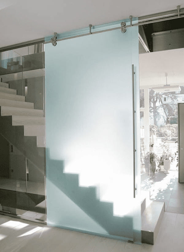 Cửa kính cường lực lùa treo với kính mờ xanh nhạt cho khu vực cầu thang Cửa kính cường lực lùa treo với kính mờ xanh nhạt cho khu vực cầu thang