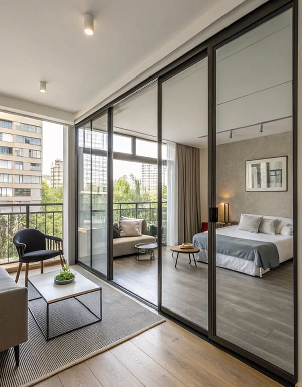 Vách ngăn kính cường lực phân tách không gian phòng khách và phòng ngủ