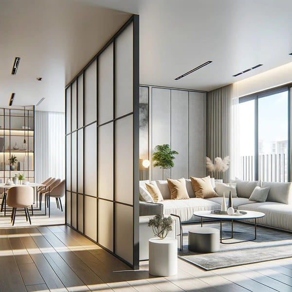 Vách kính giúp không gian phòng khách nhà phố sáng hơn