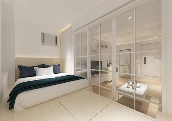 Vách ngăn kính cường lực phòng khách màu kem trắng tinh tế