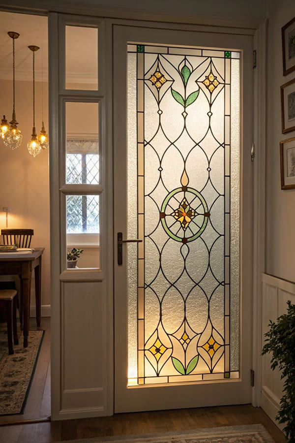 Cửa kính cường lực được dán hoa văn tạo hiệu ứng ánh sáng