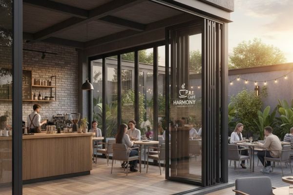 Cửa lùa 4 cánh xếp - nhà hàng, quán cà phê, sân vườn